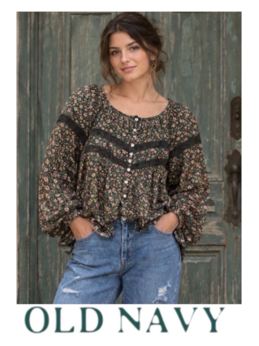 3X Old Navy Long-Sleeve Lace-Trimmed Floral-Print Blouse, NWT